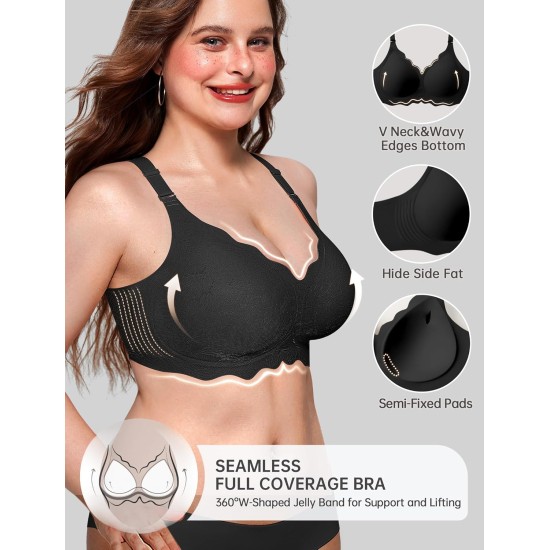 OEAK Women Jelly Bras No Underwire Scalloped Push Up Buttery Soft Tshirt Bra Seamless Full Coverage Convertible Everyday Bra