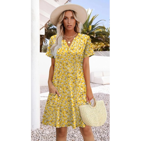 WIHOLL Summer Dresses for Women Casual V Neck Wedding Guest Dress Hawaiian Midi Dress Fashion Beach Vacation Clothes