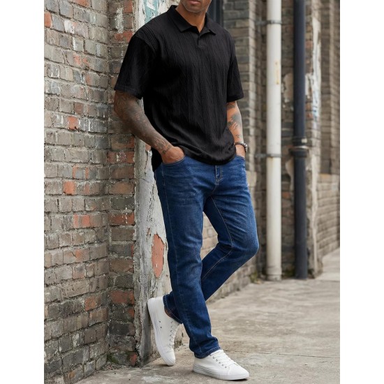 JMIERR Mens Polo Shirt Textured Knit Button Casual Short Sleeve Summer Vacation Beach Stretchy Golf Shirts
