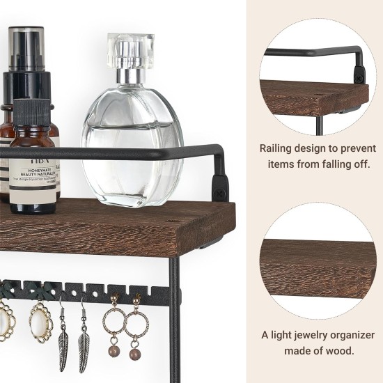 Mkono Hanging Jewelry Organizer Wall Mounted Jewelry Organizer Necklace Holder with Rustic Wood Shelf, Ring Display Box, Ear Studs Earring Holder Bracelet Organizer