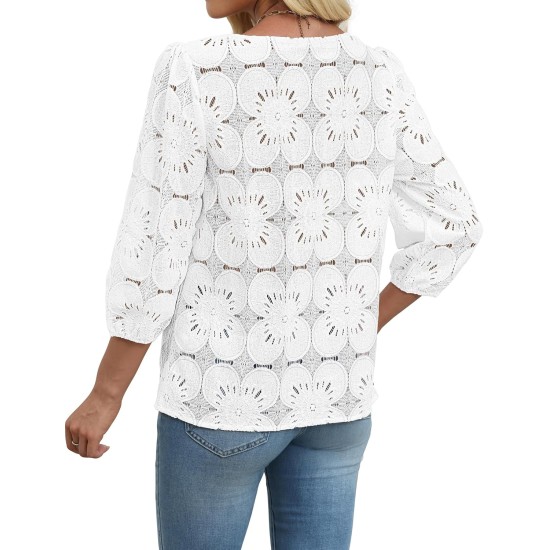 Sampeel Women Blouses Dressy Casual 3/4 Length Sleeve Tops Eyelet Lace Spring Summer Shirts Beach Vacation Clothes