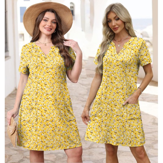 WIHOLL Summer Dresses for Women Casual V Neck Wedding Guest Dress Hawaiian Midi Dress Fashion Beach Vacation Clothes