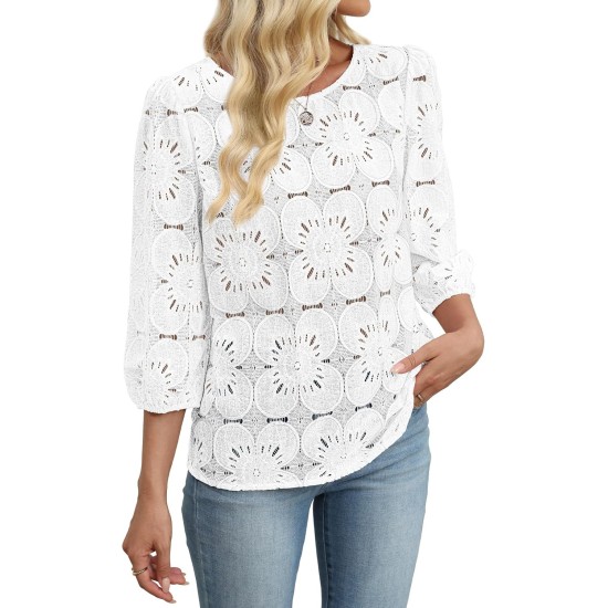 Sampeel Women Blouses Dressy Casual 3/4 Length Sleeve Tops Eyelet Lace Spring Summer Shirts Beach Vacation Clothes