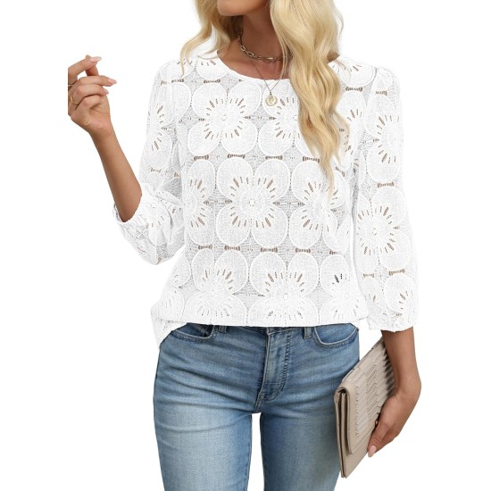 Sampeel Women Blouses Dressy Casual 3/4 Length Sleeve Tops Eyelet Lace Spring Summer Shirts Beach Vacation Clothes